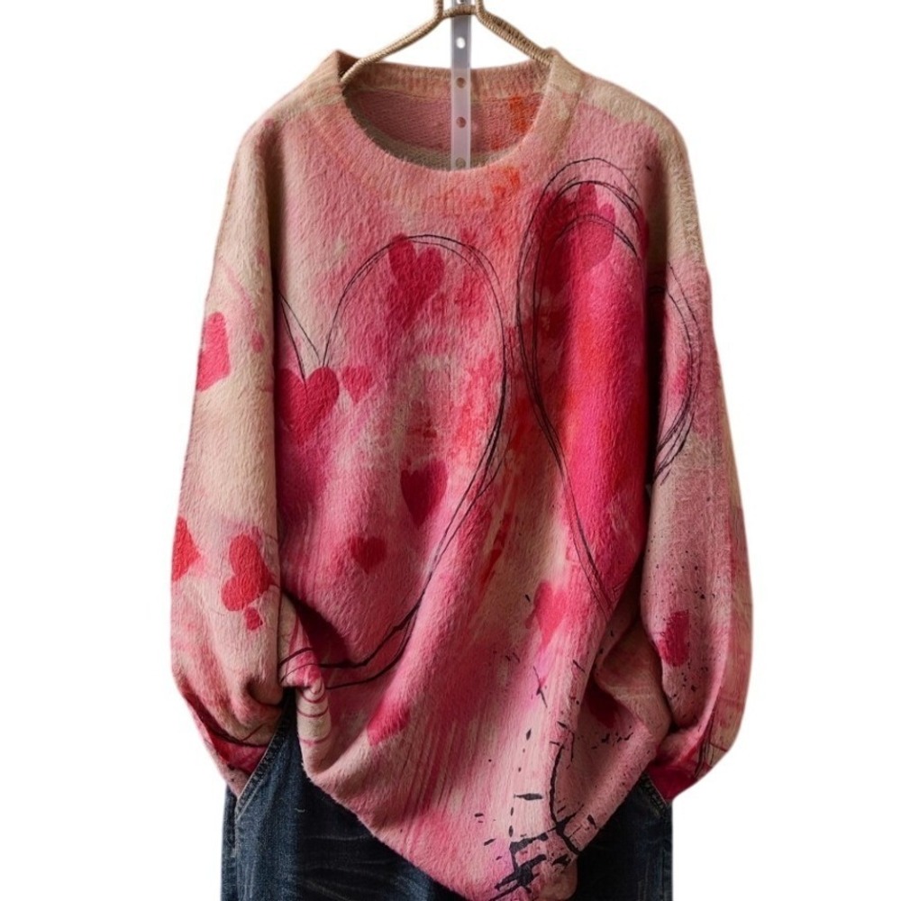 Womens XL Pink Heart‎ Pattern Crew Neck Pullover Fall & Winter Knit Sweater